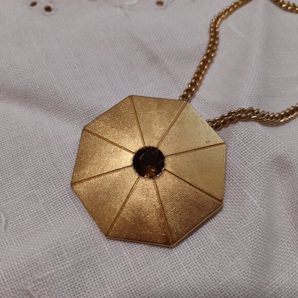 Vintage Avon Art Deco Necklace Pendant Brooch Gold Tone Octagonal Retro Jewelry - Picture 12 of 16